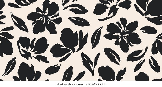 Flowers have organic shape with seamless background. Simple abstract floral pattern. Modern printing in black and white. Ideal for textile design, wallpaper, cards, posters and decoration.