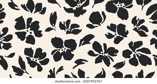 Flowers have organic shape with seamless background. Simple abstract floral pattern. Modern printing in black and white. Ideal for textile design, wallpaper, cards, posters and decoration.