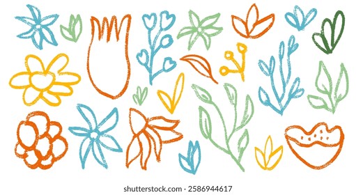 Flowers heads and leaves set. Spring tulip, daisy, chamomile and marguerite head plants doodle. Chalk or pastel style childish shape. Vector naive pencil illustration isolated on white background.