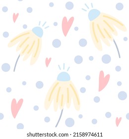 Flowers, heart and dots seamless pattern. Scandinavian style background. Vector illustration for fabric design, gift paper, baby clothes, textiles, cards