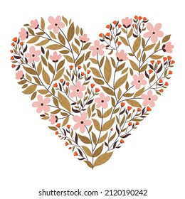 Flowers heart. Hand drawn pink flowers. Romantic element for greeting and invitation cards, wedding decoration, fashion design, scrapbooking.