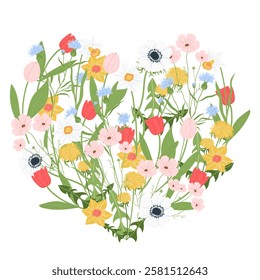 Flowers heart illustration, Valentines Day. Mothers Day. Meadow flowers, wild flowers. Spring time flowers. Tulip, dandelion, Daffodil, Cornflower, Anemone, Cosmos