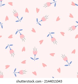 Flowers, heart and leaf seamless pattern. Scandinavian style background. Vector illustration for fabric design, gift paper, baby clothes, textiles, cards.