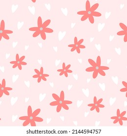 Flowers, heart and leaf seamless pattern. Scandinavian style background. Vector illustration for fabric design, gift paper, baby clothes, textiles, cards.