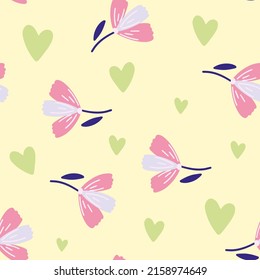 Flowers, heart and leaf seamless pattern. Scandinavian style background. Vector illustration for fabric design, gift paper, baby clothes, textiles, cards