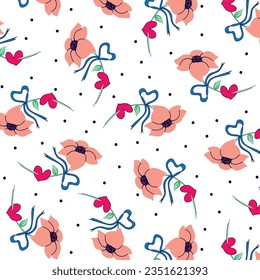 Flowers with heart ribbon polka dot background