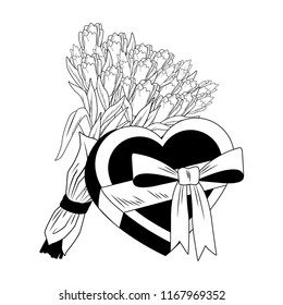 Flowers and heart shape giftbox pop art in black and white