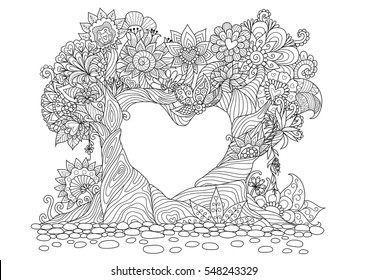 Flowers in heart shape on floral ground line art design for coloring book for adult, tattoo, T- Shirt graphic, cards and so on