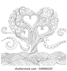 Flowers In Heart Shape On Floral Ground Line Art Design For Coloring Book For Adult, Tattoo, T- Shirt Graphic, Cards And So On