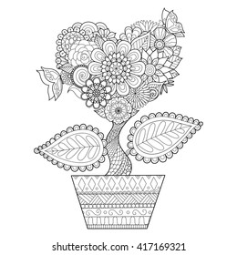 Flowers in heart shape on a pot line art design for coloring book for adult, tattoo, T- Shirt graphic, cards and so on