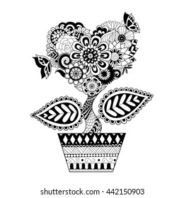 Flowers in heart shape on a pot line art design for coloring book for adult, tattoo, T- Shirt graphic, cards and so on