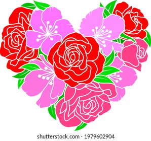 Flowers in heart shape. Roses and cherry blossom design. Vector illustration.