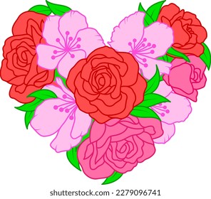 Flowers in heart shape. Roses and cherry blossom design. Vector illustration.
