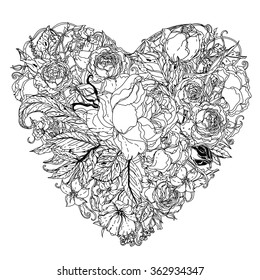 flowers in heart shape. Zentangle interpretation. Black and white. Vector illustration. The best for your design, textiles, posters, coloring book or Valentines Day card