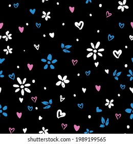 Flores y esquema cardíaco sin inconvenientes, vector de adorno de fondo, impresión floral
