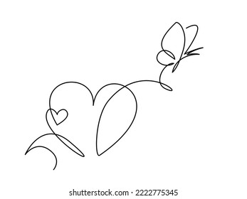 Flowers and heart. Symbol of love, care and happiness. Continuous One line drawing. Vector illustration