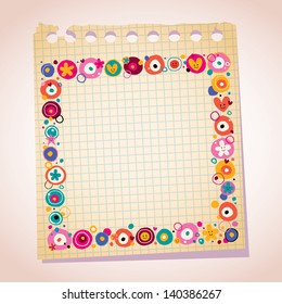 flowers & hearts border note paper cartoon illustration