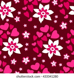 Flowers and hearts. Bright seamless background. Romantic pattern. Vector illustration.