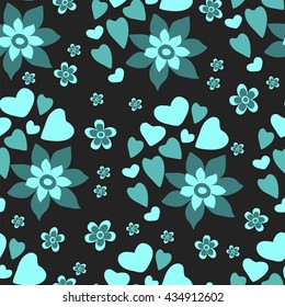Flowers and hearts. Bright seamless pattern. Vector illustration.
