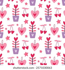 Flowers, hearts, cherries, stars, Valentine's Day, Scandinavian style, perfect for fabric, wrapping paper, textiles, baby bedding, wallpaper, pajamas.