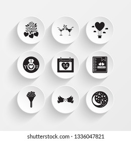 flowers with hearts, cocktail with hearts, balloon in the shape of heart, declaration of love with a ringlet and calendar of the day of lovers icons on plate illustration set