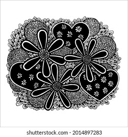 flowers, hearts, curls and leaves drawn by hand in black and white color