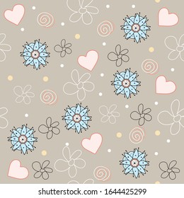 Flowers hearts doodle. Seamless pattern