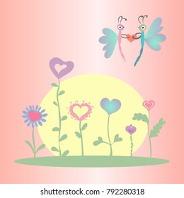 flowers hearts. dragonfly
