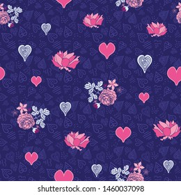 Flowers and hearts floral seamless pattern print. Vector seamless background design.