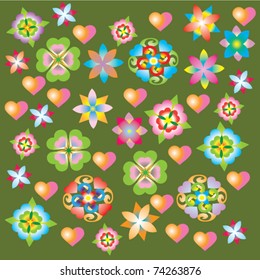 flowers and hearts green spring background