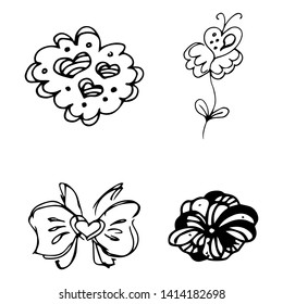 Flowers and hearts hand drawn doodle collection isolated on white background. 4 floral graphic elements. Big vector set. Outline collection.