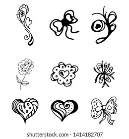 Flowers and hearts hand drawn doodle collection isolated on white background. 6 floral graphic elements. Big vector set. Outline collection.