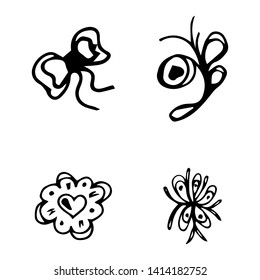 Flowers and hearts hand drawn doodle collection isolated on white background. 4 floral graphic elements. Big vector set. Outline collection.