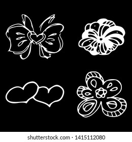 Flowers and hearts hand drawn doodle collection isolated on black background. 4 floral graphic elements. Big vector set. Outline collection.