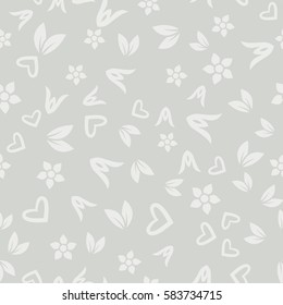 Flowers, Hearts and Leaves Seamless Pattern