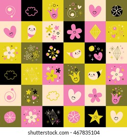 flowers hearts little smiling characters symbols design elements retro style