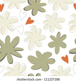 flowers and hearts on white background  seamless pattern