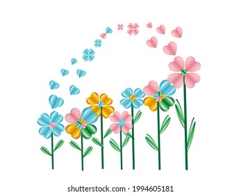 Flowers hearts pink blue orange green white background blue orange green