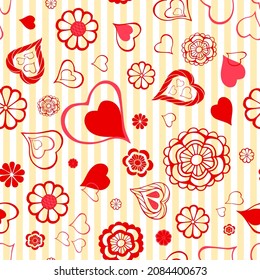 Flores y corazones repiten aleatoriamente un patrón sin fisuras. El lanzamiento del día de San Valentín repite el diseño de la superficie. Día de San Valentín con un fondo sin límites. Textura interminable de doodle rojo y blanco.