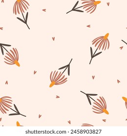 Flowers and hearts . Seamless pattern for textile, wrapping paper,clothes. Vector illustration.