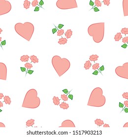 Flowers and hearts. Seamless pattern. Valentine's Day. On a white background pink flowers and pink hearts. Vector illustration.