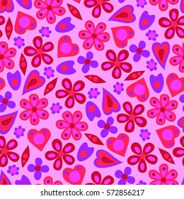 Flowers and hearts. Seamless pattern for Valentine's day. Vector illustration.