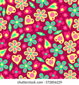 Flowers and hearts. Seamless pattern for Valentine's day. Vector illustration.