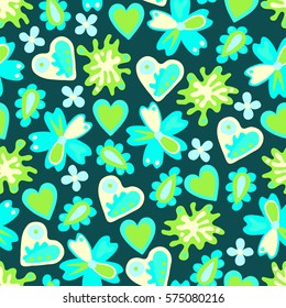 Flowers and hearts. Seamless pattern for Valentine's day. Vector illustration.