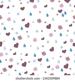 Flowers and hearts seamless pattern. Vector isolated on white.