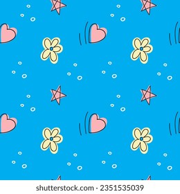 Flowers, hearts, stars and decorative elements on blue background vector seamless pattern