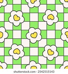 Flowers and hearts vector seamless pattern. White daisies and yellow hearts with black outline on green checkered background.