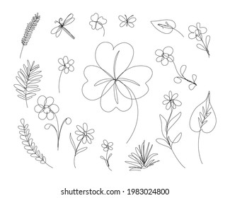 Flowers, herbs and grass in continuous line drawing. Sketchy single leaves, chamomile, dragonfly and butterfly. Outline simple artwork with editable stroke.