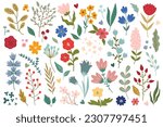Flowers and herbs mega set graphic elements in flat design. Bundle of abstract wildflowers, daisy, rose, hyacinth and other meadow blossoms, plants with leaves. Vector illustration isolated objects