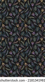 flowers herbs neon black line vector seamless vintage pattern